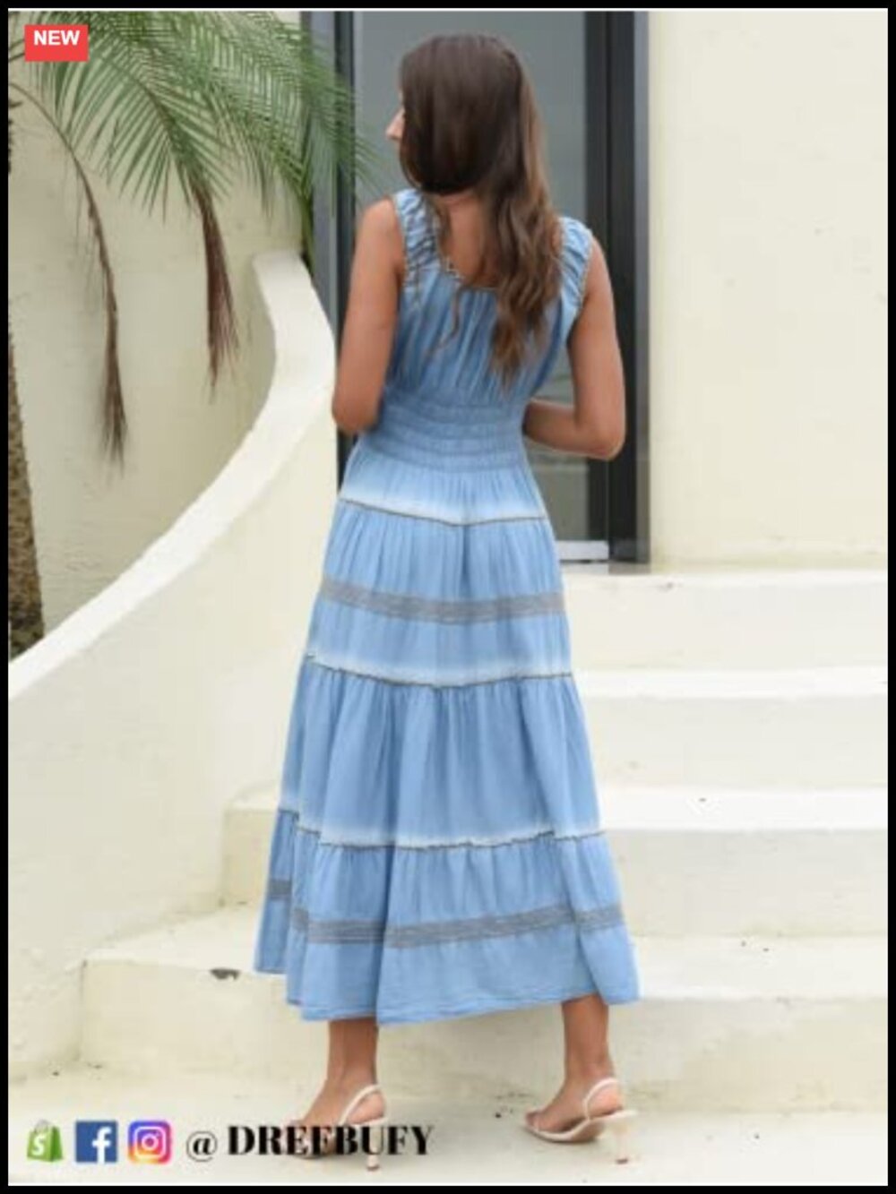 100% Cotton Denim Maxi Dress Sleeveless A-Line Embroidery Long Sundress - Picture 2 of 6